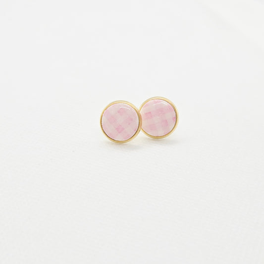 Pink Gingham Circle Studs